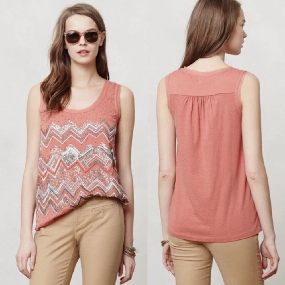 Anthropologie Meadow Rue Coral Beaded Embellished Mixed Media Tank